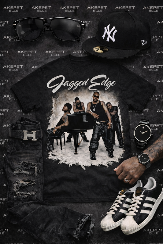 Jagged Edge group portrait on a premium black t-shirt, styled with black denim and sneakers as part of the Akepe't Elle Summer Music Collection.