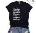 Black long sleeve t-shirt with white text listing R&B legends Mariah, Brandy, Aaliyah, Whitney, Monica, Deborah, and Mya - Akepe’t Elle.