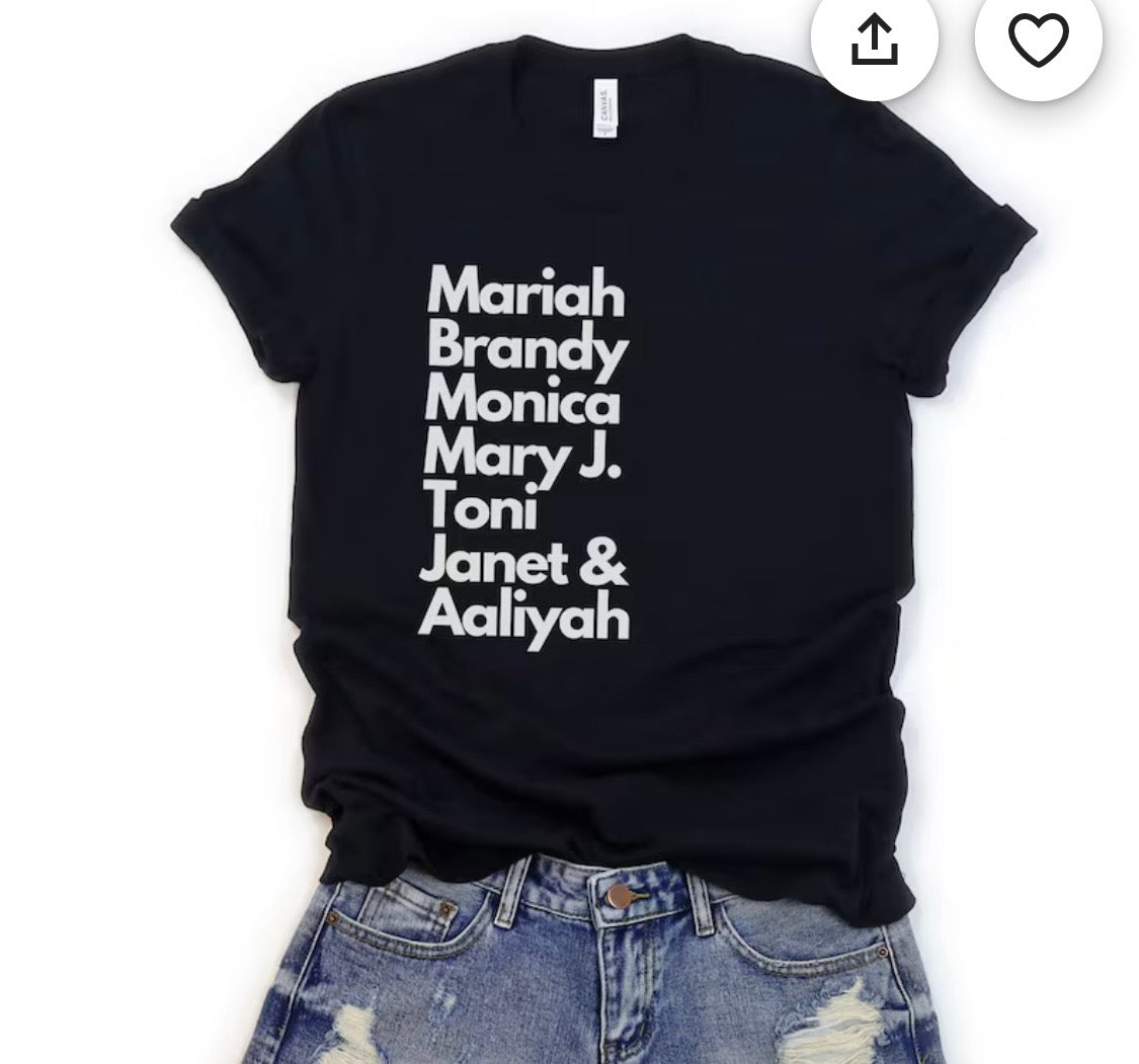 Black long sleeve t-shirt with white text listing R&B legends Mariah, Brandy, Aaliyah, Whitney, Monica, Deborah, and Mya - Akepe’t Elle.