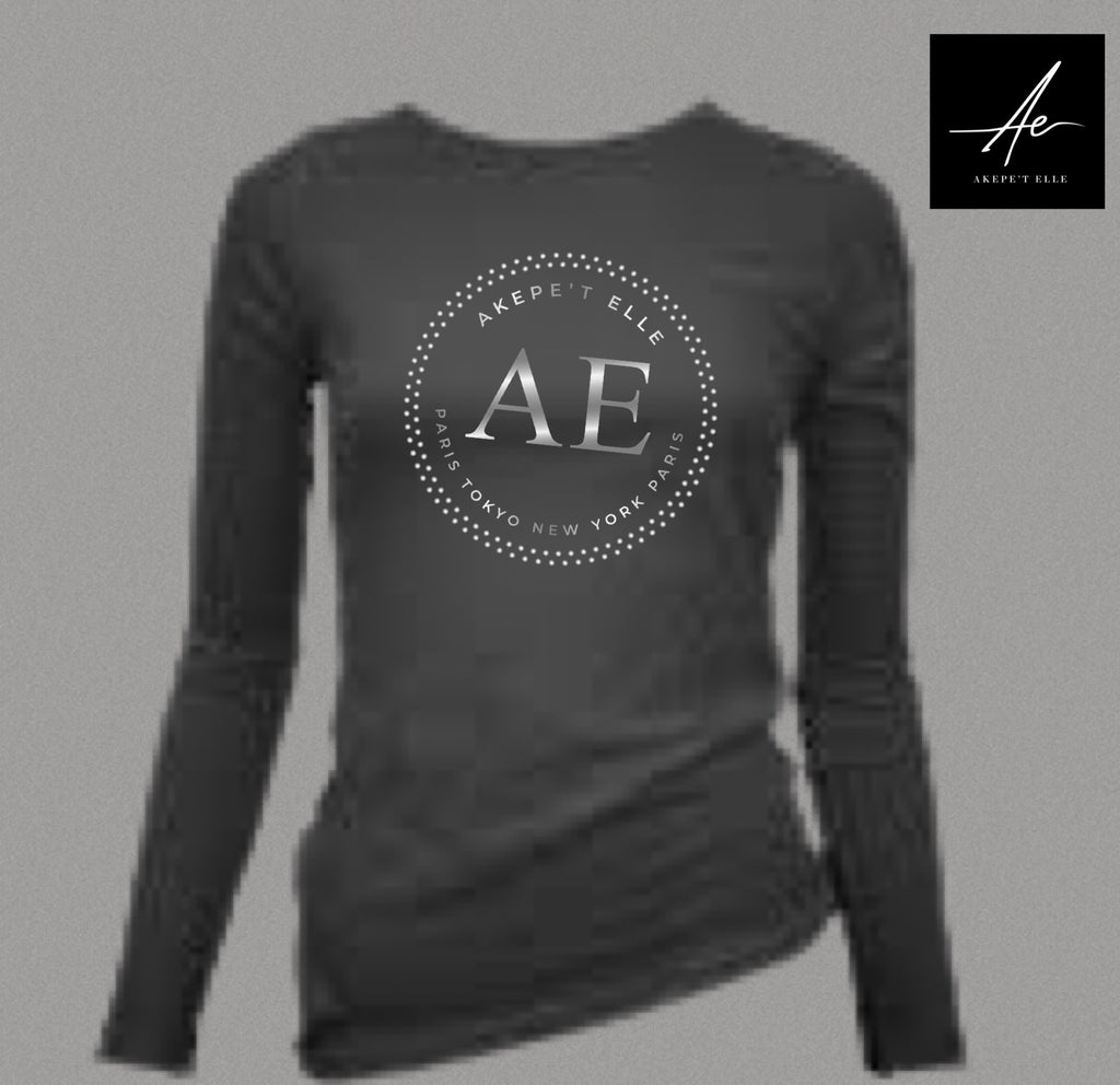 Black long-sleeve shirt with 'AE' logo on a gray background