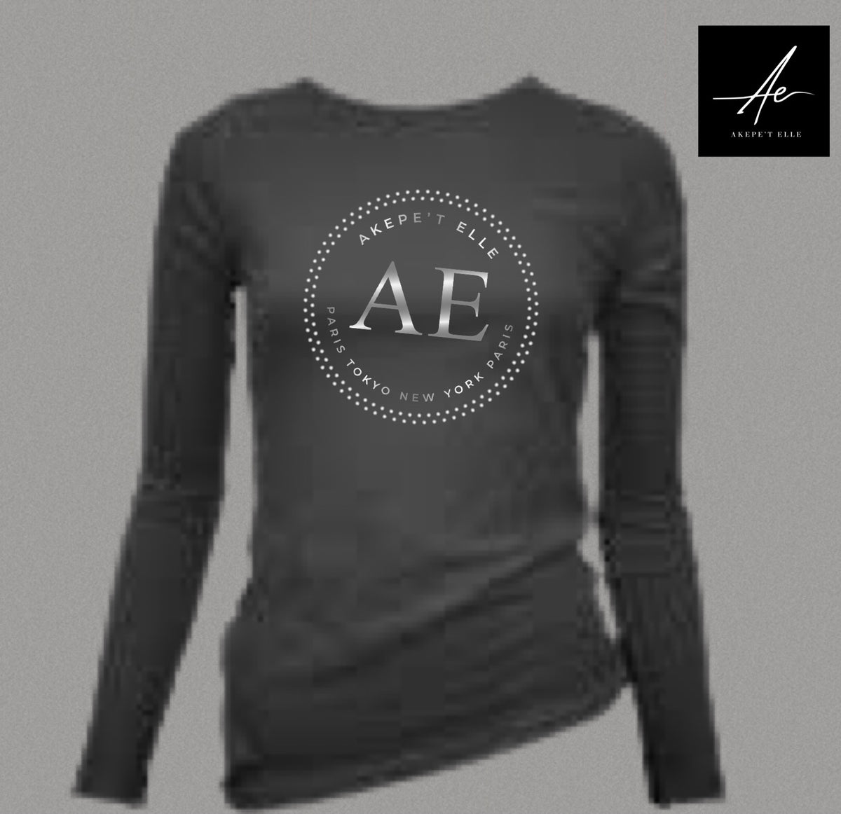 Black long-sleeve shirt with 'AE' logo on a gray background
