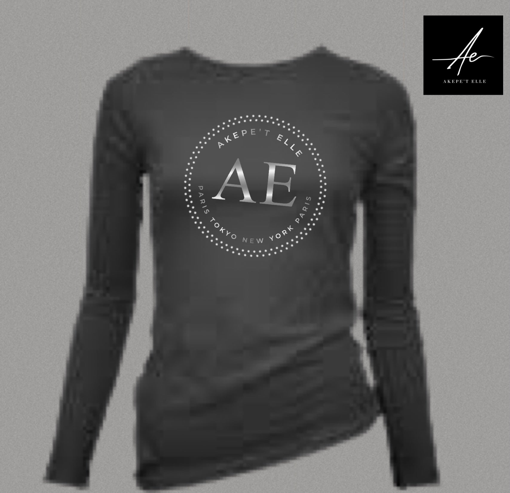 Black long-sleeve shirt with 'AE' logo on a gray background