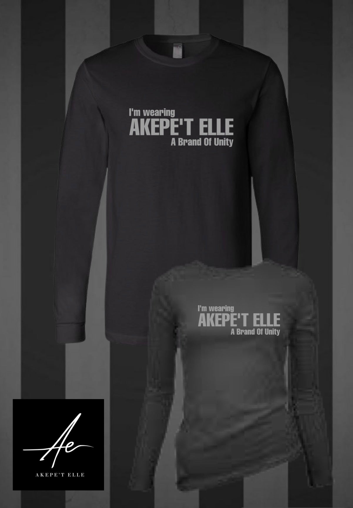 Black long-sleeve shirt with 'I'm wearing Akepet Elle' text on a dark background