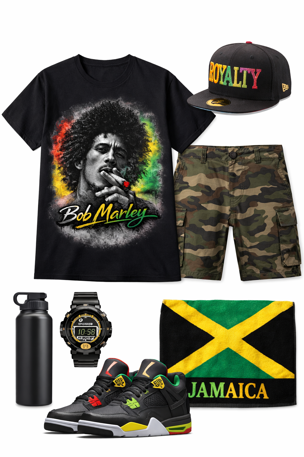 Bob Marley portrait on a premium black t-shirt styled with camo pants and a designer watch - Akepe’t Elle Summer Music Collection.