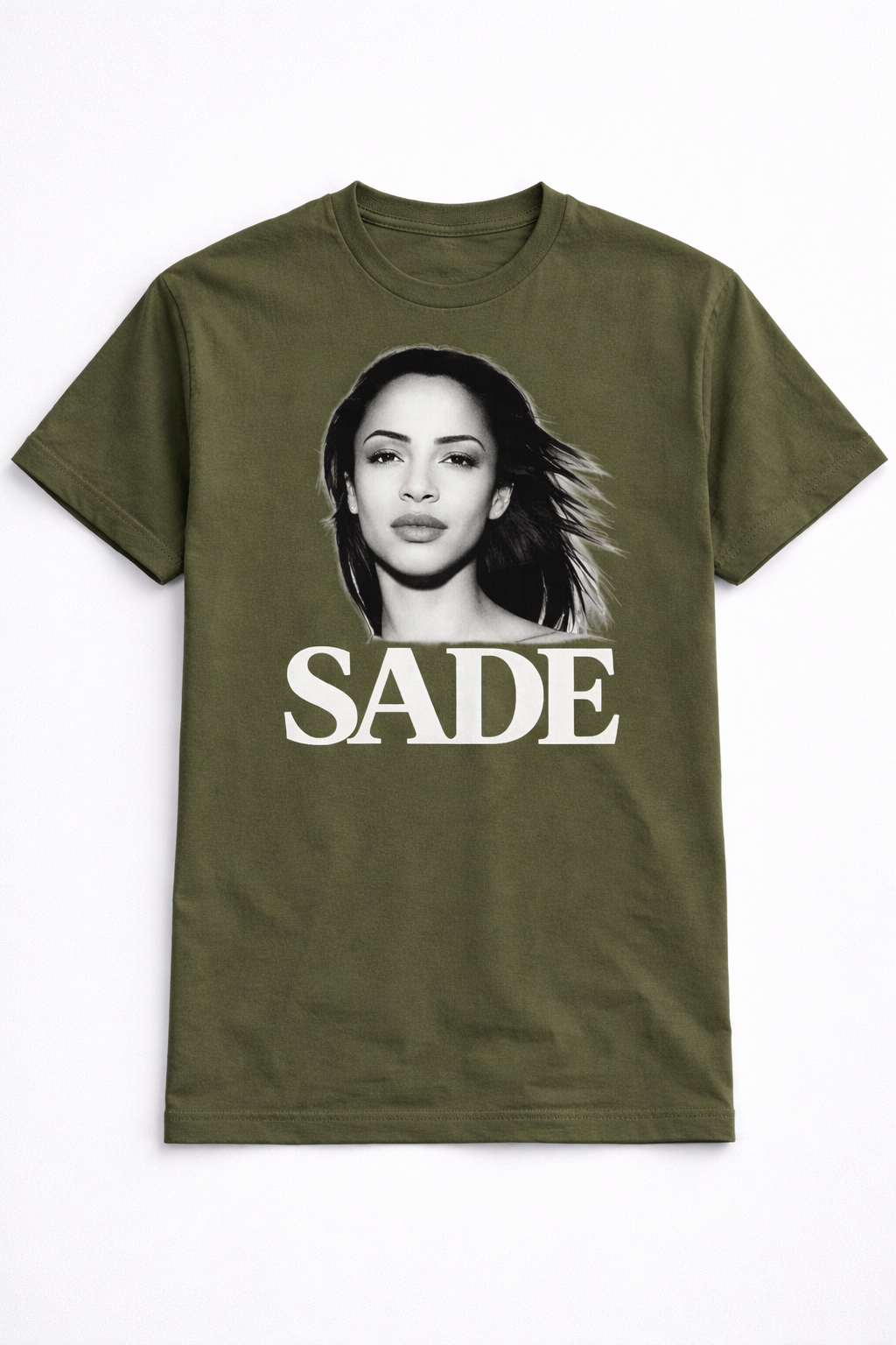 Green t-shirt with a graphic of a woman's face and 'SADE' text on a white background