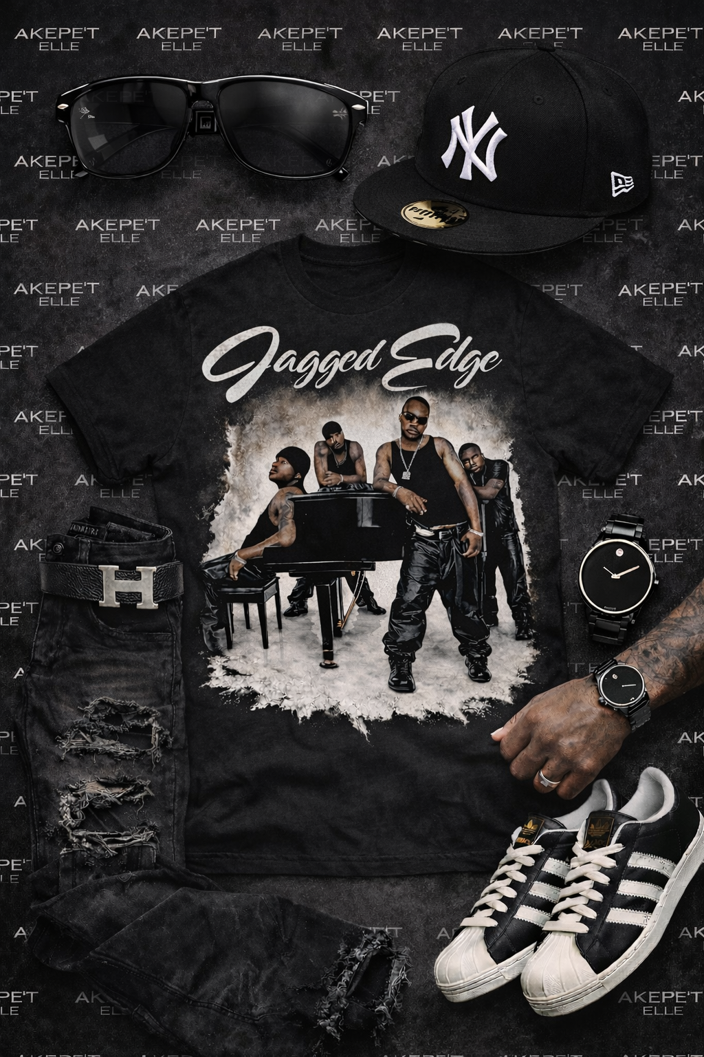 Jagged Edge group portrait on a premium black t-shirt, styled with black denim and sneakers as part of the Akepe't Elle Summer Music Collection.