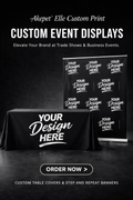 Custom event branding set including a large black Step and Repeat backdrop banner and a matching branded table cover for trade shows and business events.
