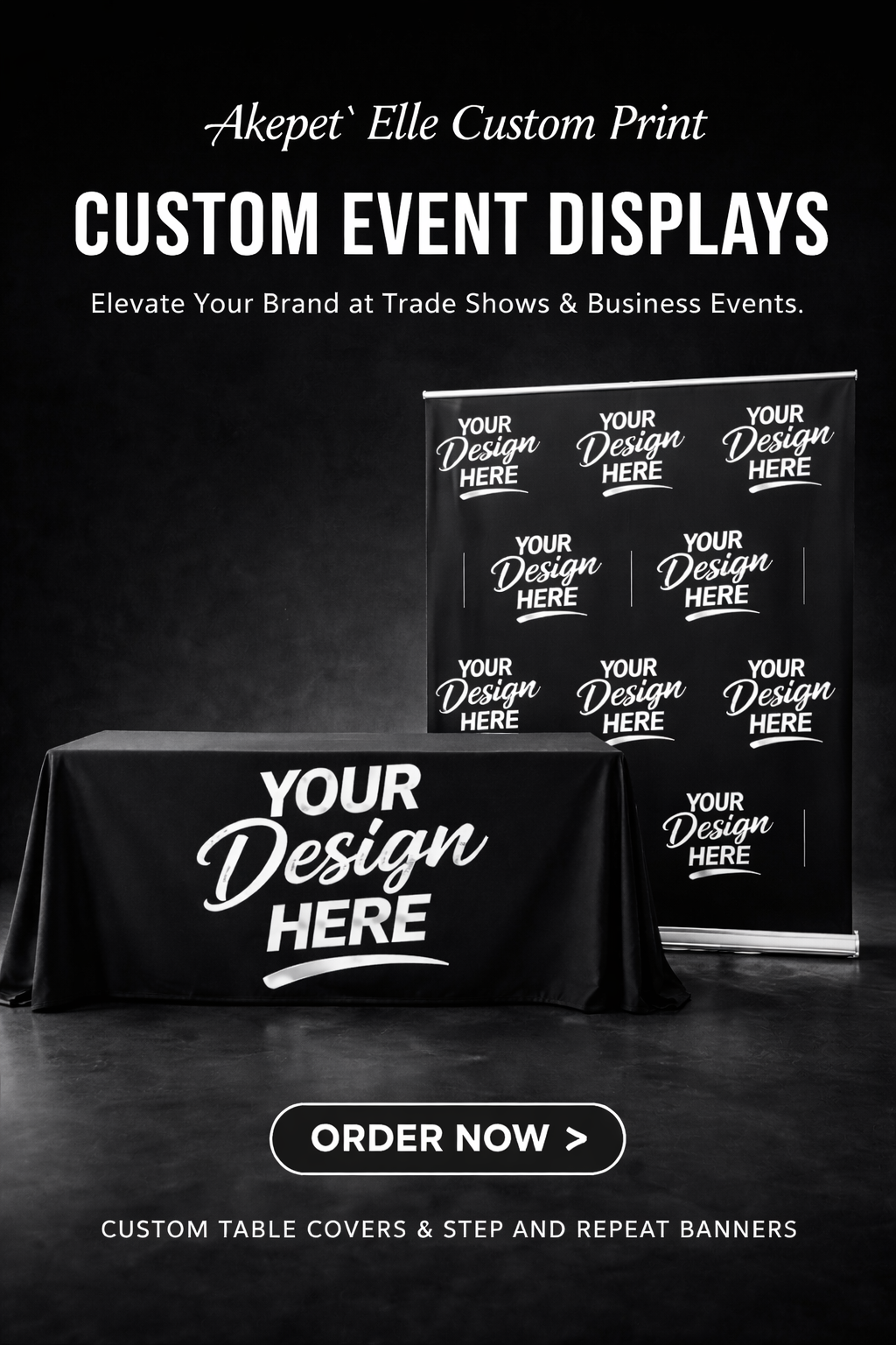 Custom event branding set including a large black Step and Repeat backdrop banner and a matching branded table cover for trade shows and business events.