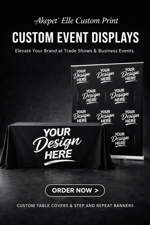 Custom event branding set including a large black Step and Repeat backdrop banner and a matching branded table cover for trade shows and business events.