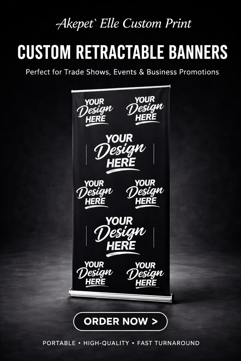 Premium black custom retractable roll-up banner with 'Your Design Here' placeholders on a sleek silver stand for trade shows and business promotions.