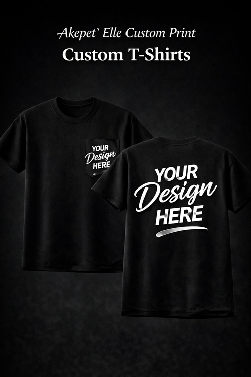 A black custom pocket T-shirt shown from the front and back, featuring 'Your Design Here' placeholders on the pocket and the center-back.