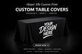 Professional black custom table cover with a 'Your Design Here' placeholder, ideal for trade shows, vendor booths, and corporate events.