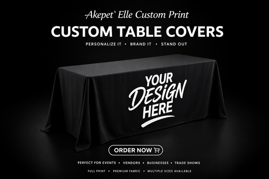 Professional black custom table cover with a 'Your Design Here' placeholder, ideal for trade shows, vendor booths, and corporate events.