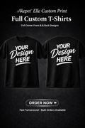 Front and back view of a custom black T-shirt with 'Your Design Here' placeholders, highlighting full-center printing services.