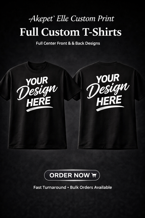 Front and back view of a custom black T-shirt with 'Your Design Here' placeholders, highlighting full-center printing services.