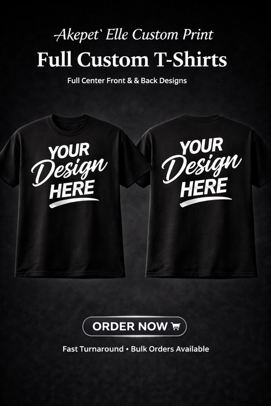 Front and back view of a custom black T-shirt with 'Your Design Here' placeholders, highlighting full-center printing services.