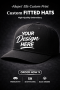 Customizable black fitted baseball cap with white 'Your Design Here' text, showcasing premium embroidery and 3D stitching options.