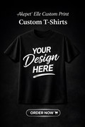 Front view of a premium black custom T-shirt featuring a 'Your Design Here' placeholder for professional center-front printing services.