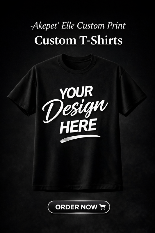 Front view of a premium black custom T-shirt featuring a 'Your Design Here' placeholder for professional center-front printing services.