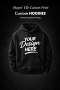 Customizable black premium pullover hoodie featuring 'Your Design Here' placeholder text for custom printing services.