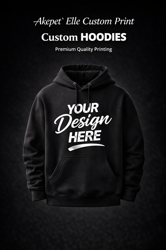 Customizable black premium pullover hoodie featuring 'Your Design Here' placeholder text for custom printing services.