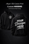 Front and back view of a black custom hoodie featuring a small left-chest logo placeholder and a full-size back design area.