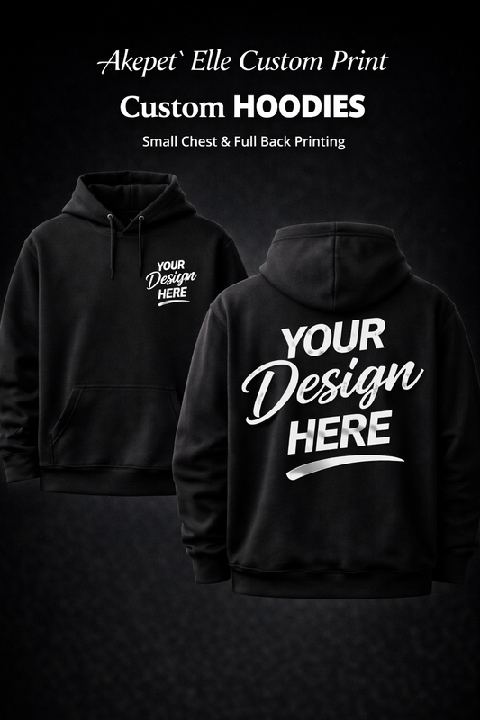 Front and back view of a black custom hoodie featuring a small left-chest logo placeholder and a full-size back design area.