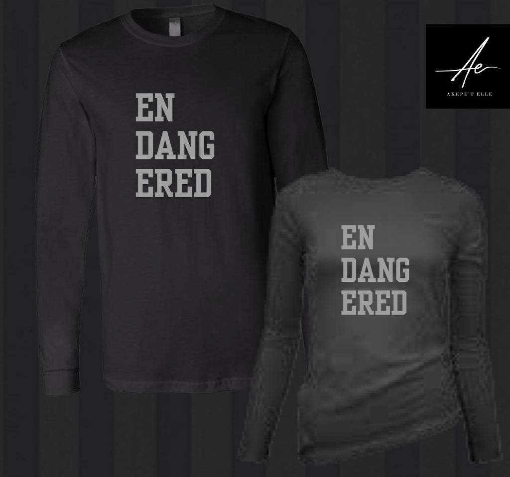 Premium black long sleeve t-shirt with vertical Endangered text in bold grey block letters - Akepe’t Elle brand