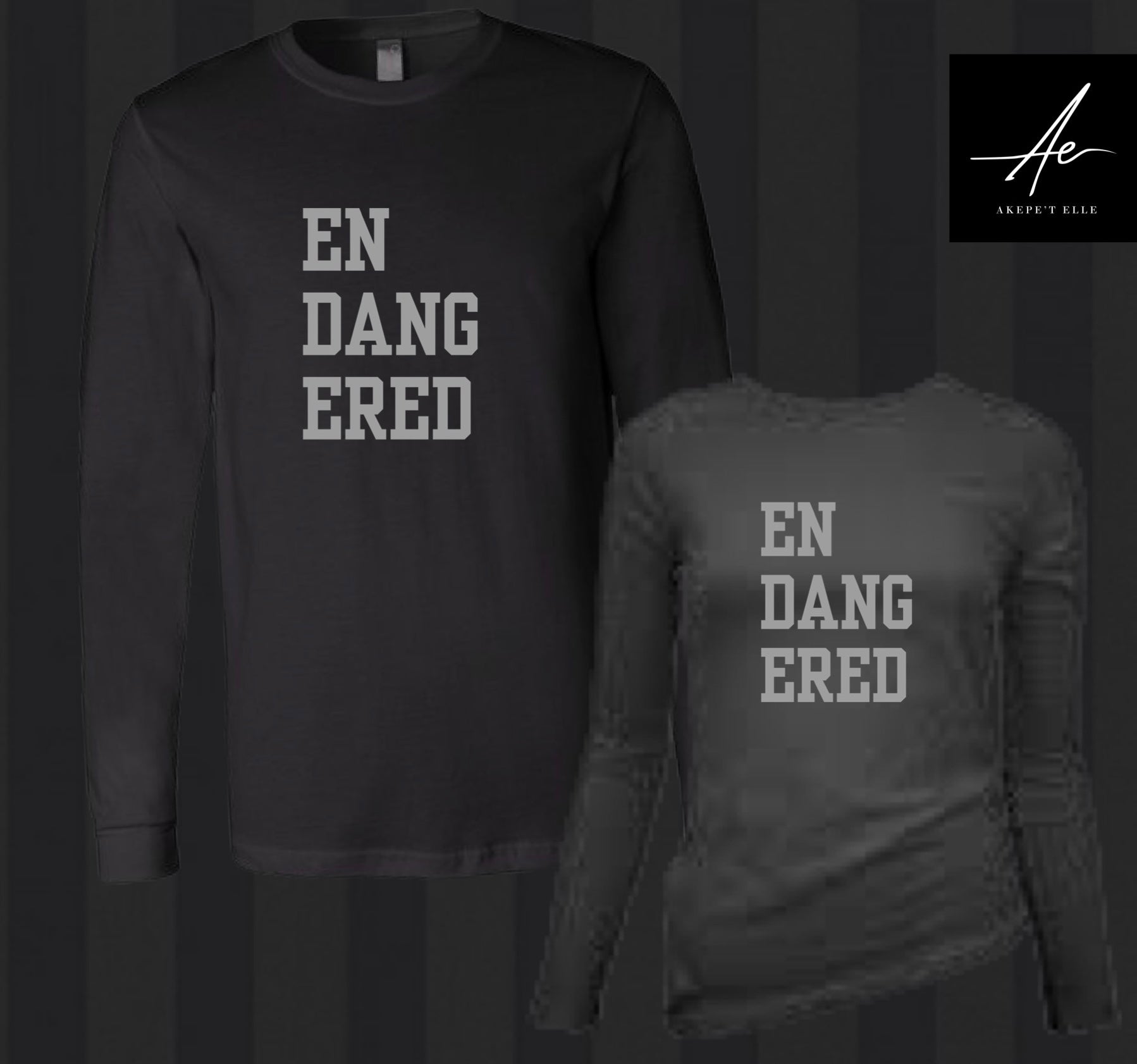 Premium black long sleeve t-shirt with vertical Endangered text in bold grey block letters - Akepe’t Elle brand