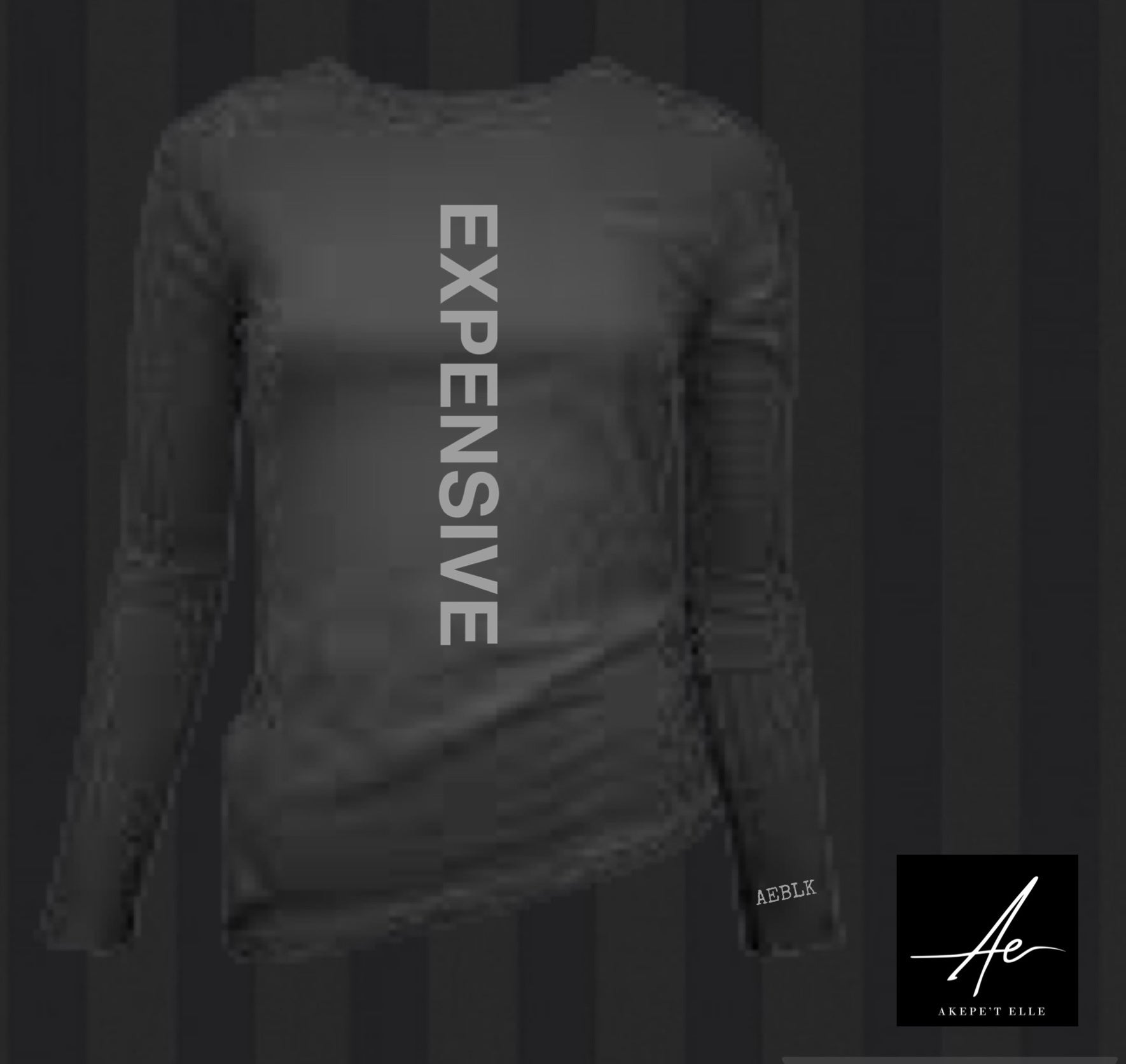 Women's black long sleeve top with vertical Expensive text in sleek grey typography - Akepe’t Elle luxury streetwear