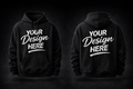 A premium black custom hoodie displayed from both the front and back, featuring 'Your Design Here' placeholders for full-surface printing services.