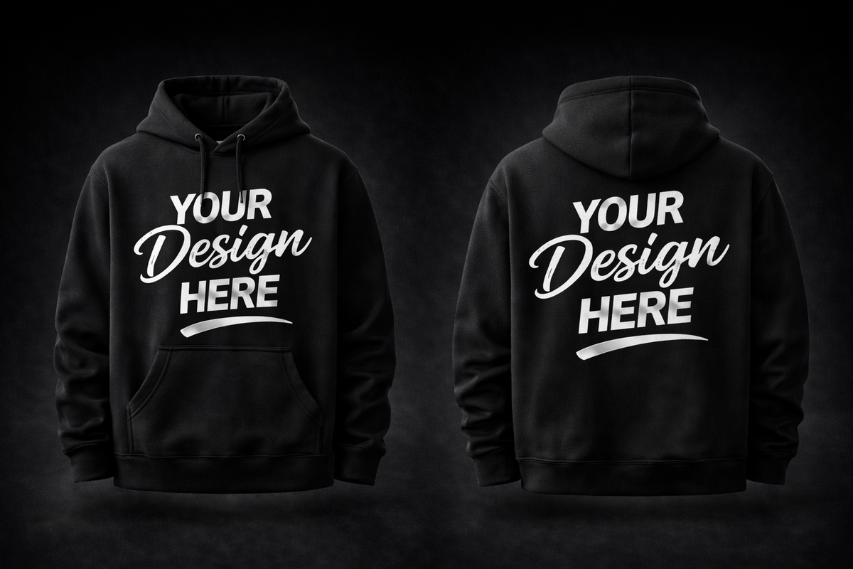 A premium black custom hoodie displayed from both the front and back, featuring 'Your Design Here' placeholders for full-surface printing services.