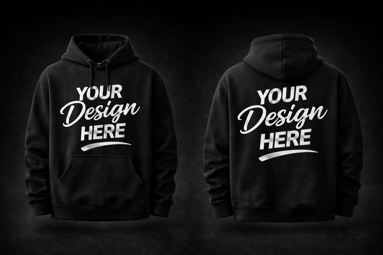 A premium black custom hoodie displayed from both the front and back, featuring 'Your Design Here' placeholders for full-surface printing services.