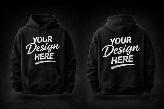 A premium black custom hoodie displayed from both the front and back, featuring 'Your Design Here' placeholders for full-surface printing services.